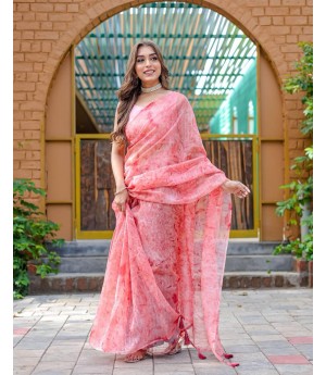 Pink Pure Organza Silk Weaving With Antique Zari Sequence Work With Tassels Saree