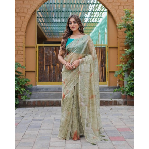 Olive Green Pure Organza Silk Weaving With Antique Zari Sequence Work With Tassels Saree