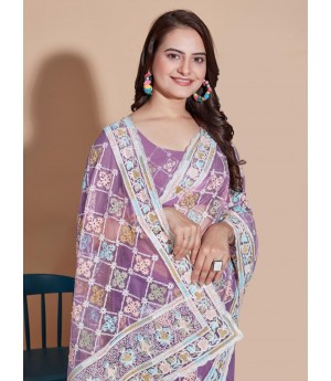 Purple Organza Silk All Over Jaali Embroidery With Cutwork Border Saree