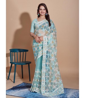 Sky Blue Organza Silk All Over Jaali Embroidery With Cutwork Border Saree