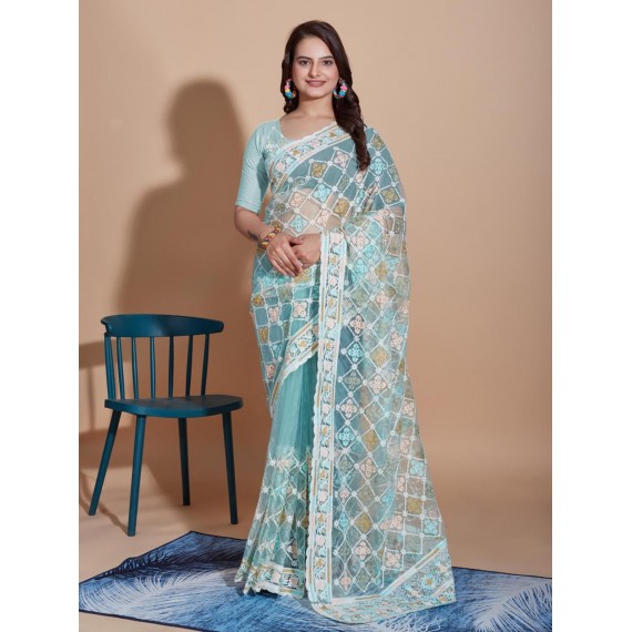 Sky Blue Organza Silk All Over Jaali Embroidery With Cutwork Border Saree