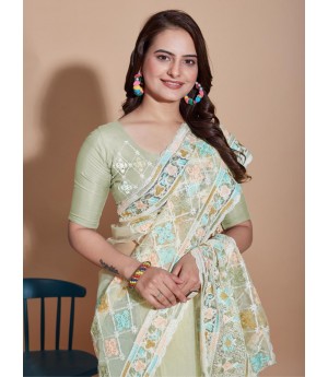 Pista Green Organza Silk All Over Jaali Embroidery With Cutwork Border Saree