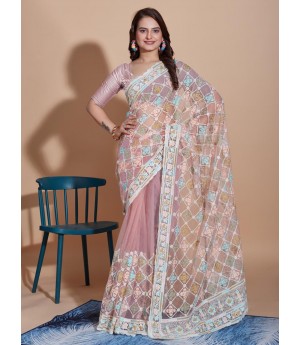 Pink Organza Silk All Over Jaali Embroidery With Cutwork Border Saree