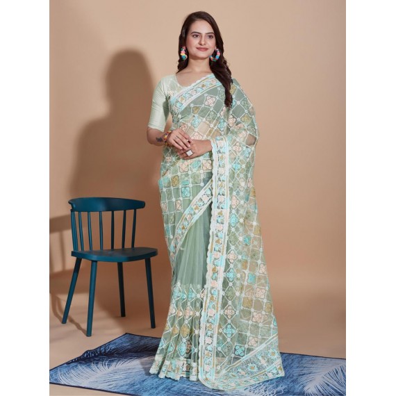 Olive Green Organza Silk All Over Jaali Embroidery With Cutwork Border Saree