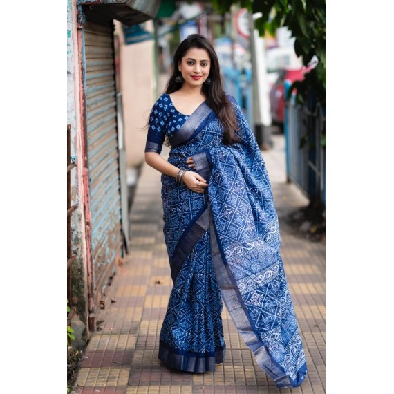 Blue Soft Silk Slub Batik Print All Over With Silver Zari Border Saree