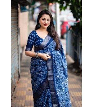Blue Soft Silk Slub Batik Print All Over With Silver Zari Border Saree