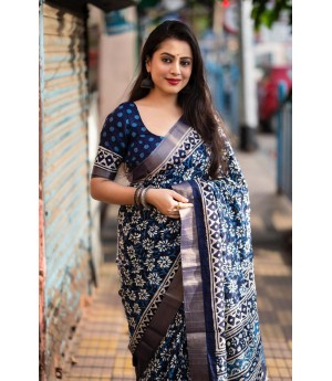 Indigo Blue Soft Silk Slub Batik Print All Over With Silver Zari Border Saree