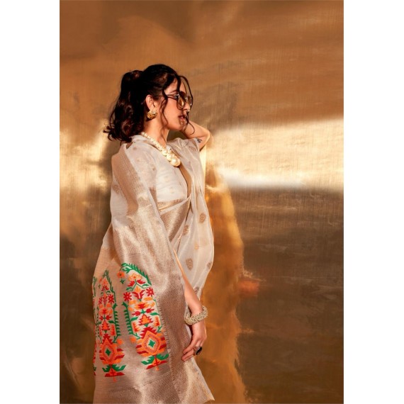 Beige Kora Tissue Silk Zari Weaved Body Border With Paithani Pallu Saree