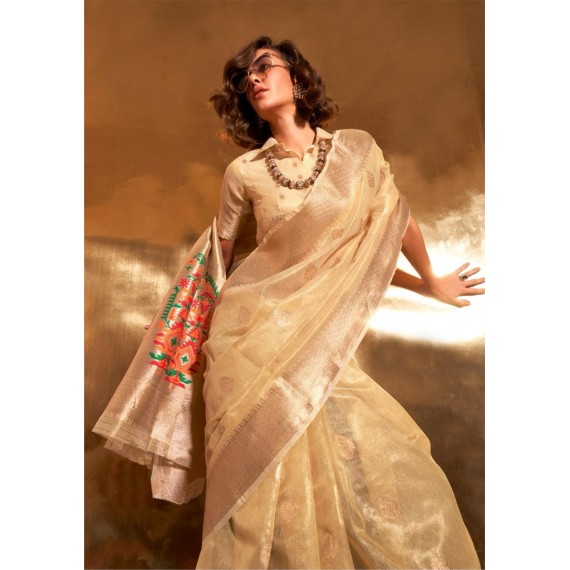Ivory Kora Tissue Silk Zari Weaved Body Border With Paithani Pallu Saree
