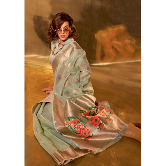 Mint Kora Tissue Silk Zari Weaved Body Border With Paithani Pallu Saree