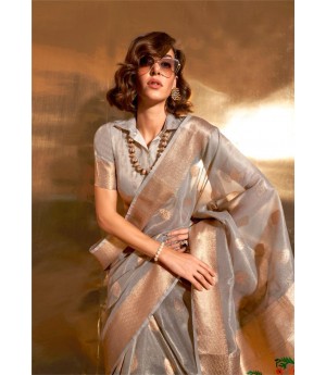 Gray Kora Tissue Silk Zari Weaved Body Border With Paithani Pallu Saree