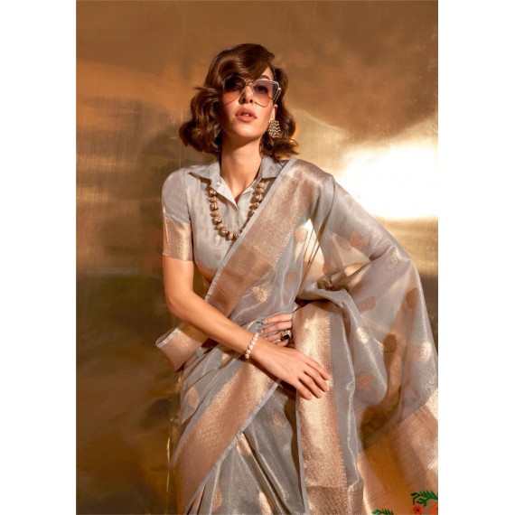 Gray Kora Tissue Silk Zari Weaved Body Border With Paithani Pallu Saree