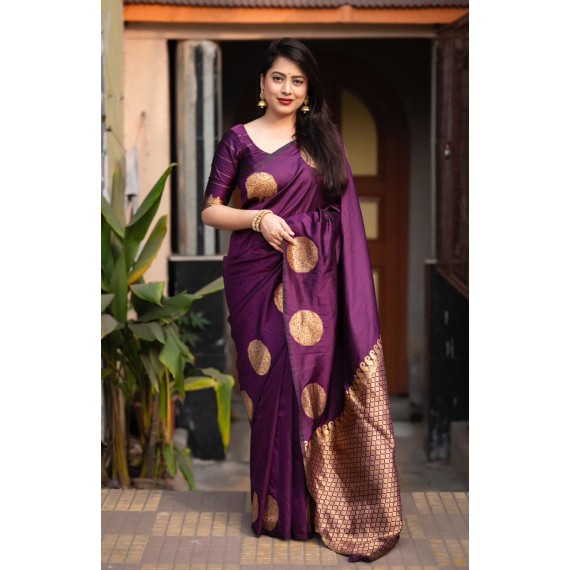 Purple Banarasi Silk All Over Gold Zari Weaved Circle Boota Borderless Saree
