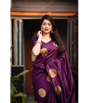 Purple Banarasi Silk All Over Gold Zari Weaved Circle Boota Borderless Saree