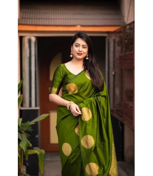 Mehendi Green Banarasi Silk All Over Gold Zari Weaved Circle Boota Borderless Saree