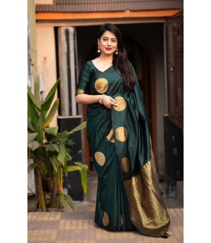 Dark Green Banarasi Silk All Over Gold Zari Weaved Circle Boota Borderless Saree