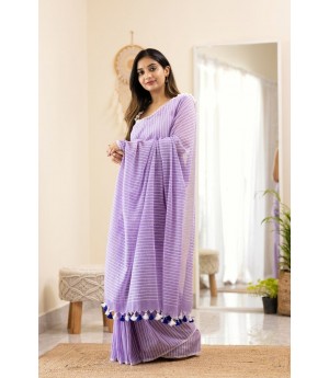 Lavender Linen All Over Body Pallu Weaved Stripes With Tassels Borderless Saree