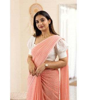 Pink Linen All Over Body Pallu Weaved Stripes With Tassels Borderless Saree