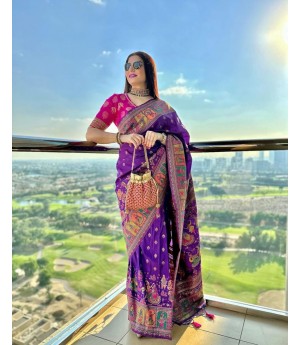 Purple Banarasi Patola Silk All Over Zari Meenakari Weaved With Rich Pallu With Tassels Saree