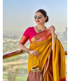 Gold Banarasi Silk All Over Zari Weaved With Rich Pallu Gold Border Saree