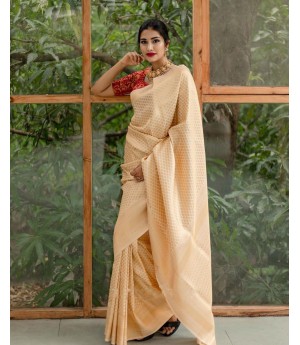 Cream Banarasi Silk All Over Rich Zari Weaved Body With Rich Pallu Border Saree