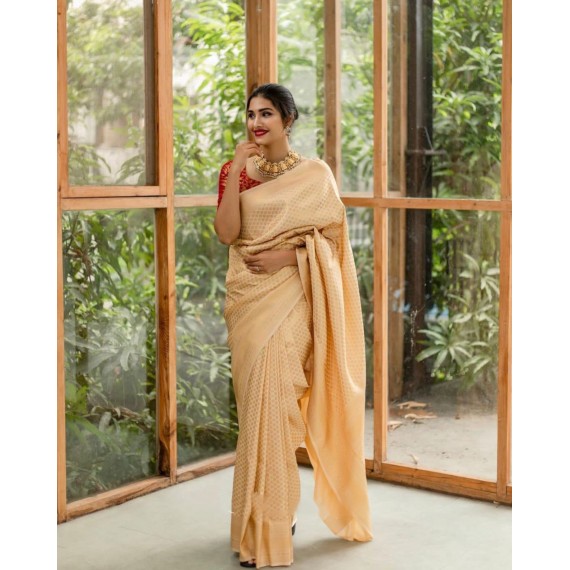Cream Banarasi Silk All Over Rich Zari Weaved Body With Rich Pallu Border Saree