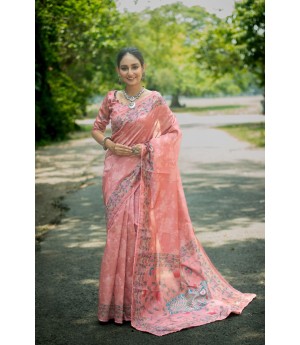 Pink Soft Tussar Silk With Embroidery Booti All Over With Kalamkari Printed & Lace Border Saree