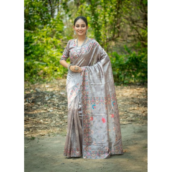 Gray Soft Tussar Silk With Embroidery Booti All Over With Kalamkari Printed & Lace Border Saree