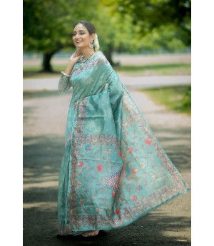 Sea Green Soft Tussar Silk With Embroidery Booti All Over With Kalamkari Printed & Lace Border Saree