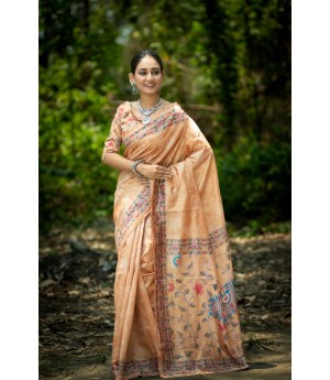 Metallic Gold Soft Tussar Silk With Embroidery Booti All Over With Kalamkari Printed & Lace Border Saree