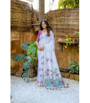 Purple Premium Muga Silk All Over Floral Weaving With Pichwai Weaved Pallu With Tassels Saree