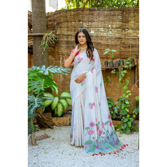 Magenta Premium Muga Silk All Over Floral Weaving With Pichwai Weaved Pallu With Tassels Saree