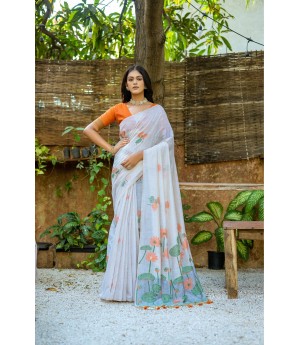 Orange Premium Muga Silk All Over Floral Weaving With Pichwai Weaved Pallu With Tassels Saree
