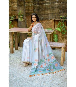Orange Premium Muga Silk All Over Floral Weaving With Pichwai Weaved Pallu With Tassels Saree