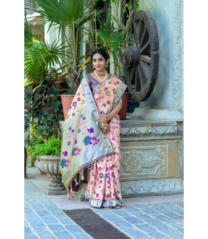 Cream Banarasi Silk Paithani All Over Floral Zari Meena Rich Weaved Body Pallu Border Saree