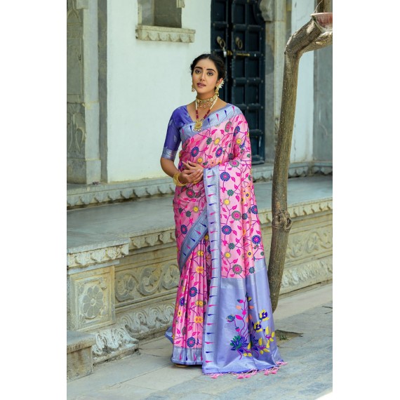 Pink Banarasi Silk Paithani All Over Floral Zari Meena Rich Weaved Body Pallu Border Saree