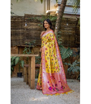 Gold Banarasi Silk Paithani All Over Floral Zari Meena Rich Weaved Body Pallu Border Saree