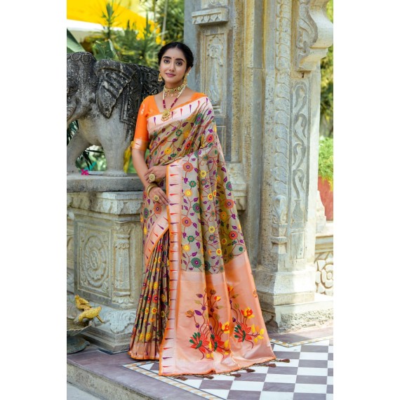 Graphite Banarasi Silk Paithani All Over Floral Zari Meena Rich Weaved Body Pallu Border Saree