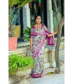 Gray Banarasi Silk Paithani All Over Floral Zari Meena Rich Weaved Body Pallu Border Saree