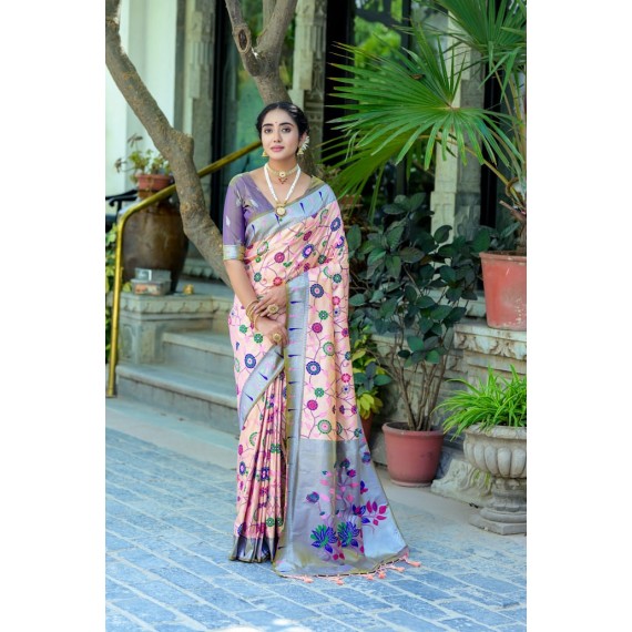 Cream Banarasi Silk Paithani All Over Floral Zari Meena Rich Weaved Body Pallu Border Saree