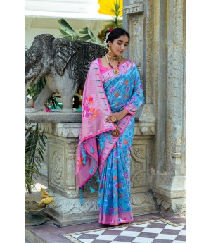 Sky Blue Banarasi Silk Paithani All Over Floral Zari Meena Rich Weaved Body Pallu Border Saree