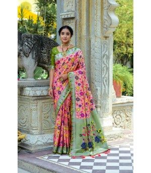 Light Raani Banarasi Silk Paithani All Over Floral Zari Meena Rich Weaved Body Pallu Border Saree