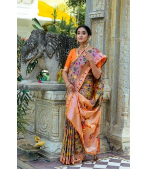 Graphite Banarasi Silk Paithani All Over Floral Zari Meena Rich Weaved Body Pallu Border Saree