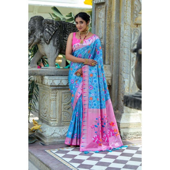 Sky Blue Banarasi Silk Paithani All Over Floral Zari Meena Rich Weaved Body Pallu Border Saree