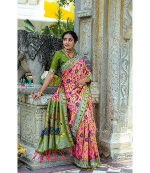 Light Raani Banarasi Silk Paithani All Over Floral Zari Meena Rich Weaved Body Pallu Border Saree