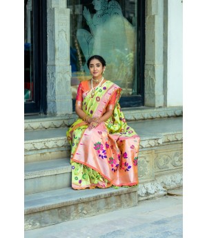 Lime Green Banarasi Silk Paithani All Over Floral Zari Meena Rich Weaved Body Pallu Border Saree