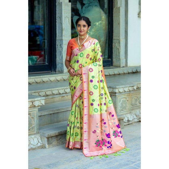 Lime Green Banarasi Silk Paithani All Over Floral Zari Meena Rich Weaved Body Pallu Border Saree