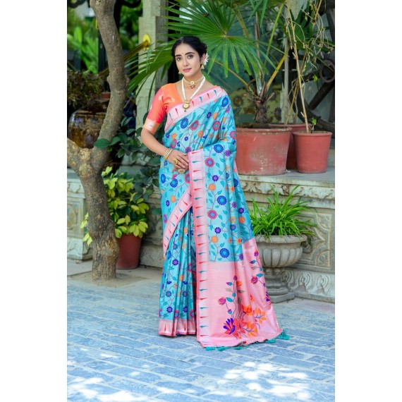 Turquoise Banarasi Silk Paithani All Over Floral Zari Meena Rich Weaved Body Pallu Border Saree