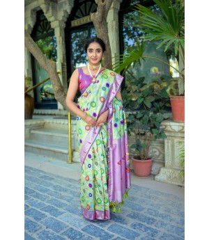 Mint Green Banarasi Silk Paithani All Over Floral Zari Meena Rich Weaved Body Pallu Border Saree