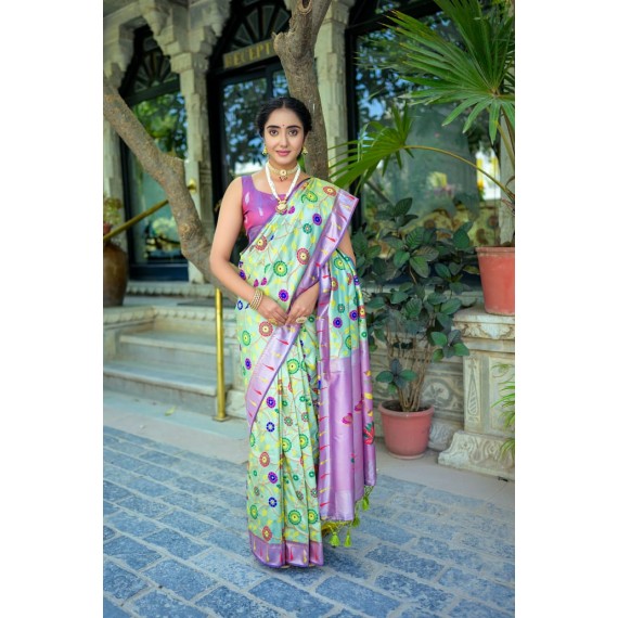 Mint Green Banarasi Silk Paithani All Over Floral Zari Meena Rich Weaved Body Pallu Border Saree